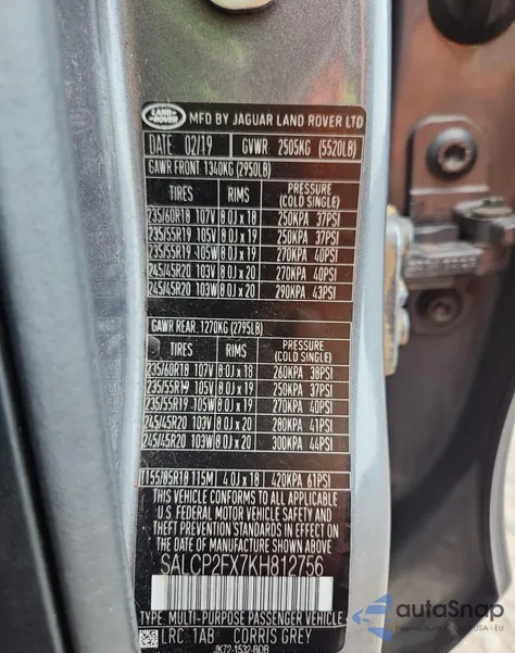 2019 Land Rover Discovery Sport Se из США, поврежденный, VIN SALCP2FX7KH812756